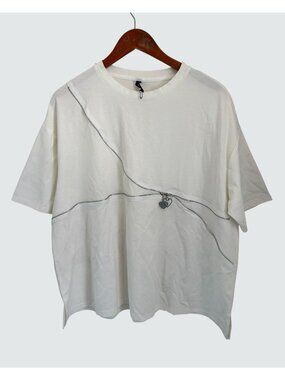 Asymmetrical White T-Shirt With Heart Charm Accent By MI-AI Casual Oversized Fit